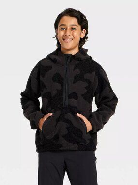 NEW Boys' High-Pile Fleece 1/2 Zip Hoodie - All In Motion™ Black